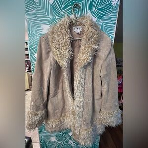 Vintage Mixit brand Penny Lane suede coat embroidered detail and faux fur trimXL